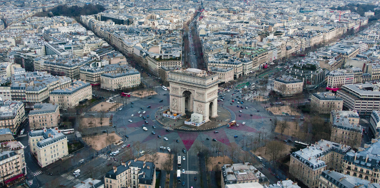 Aerial photo of a city scene.